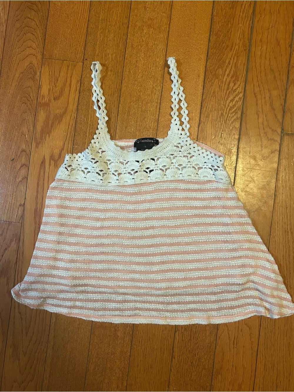 Xtraordinary Pink White Striped Crochet Lace Trim Tank Top Camisole Size S